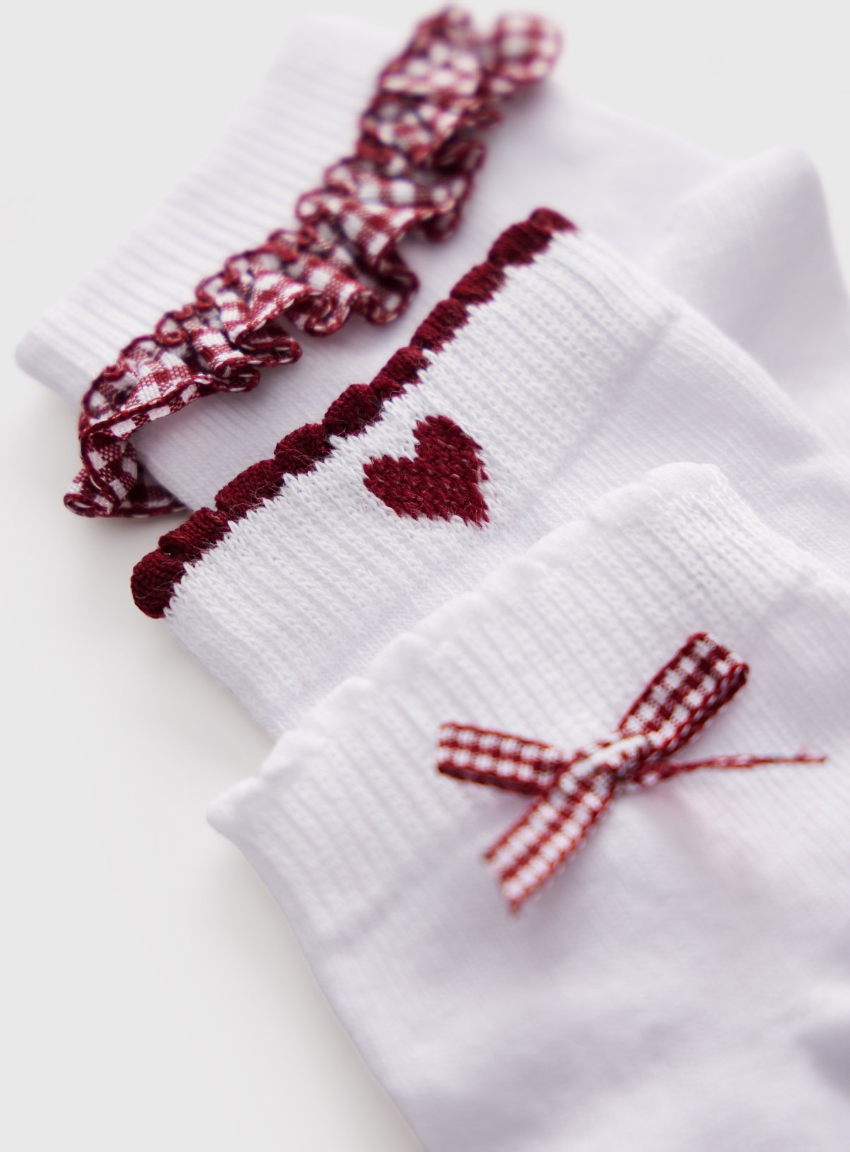 White Burgundy Gingham Frill Detail Ankle Socks 5 Pack 6-8.5 Infant - Image 2 thumbnail